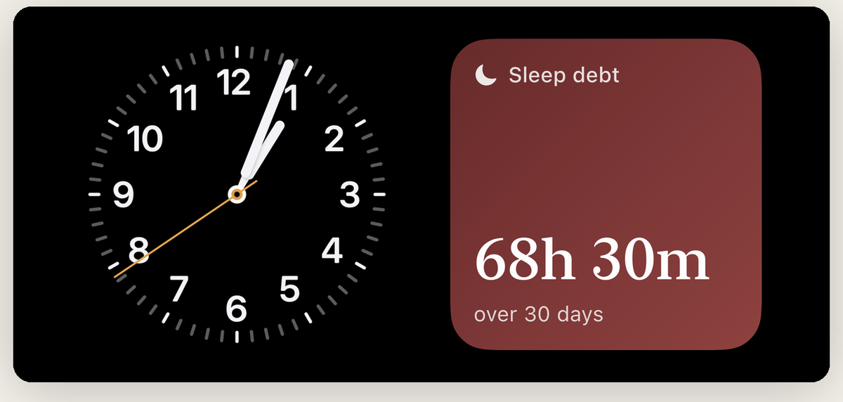 StandBy on a nightstand: a clock beside the Eclipsed widget showing 68h 30m over 30 days.